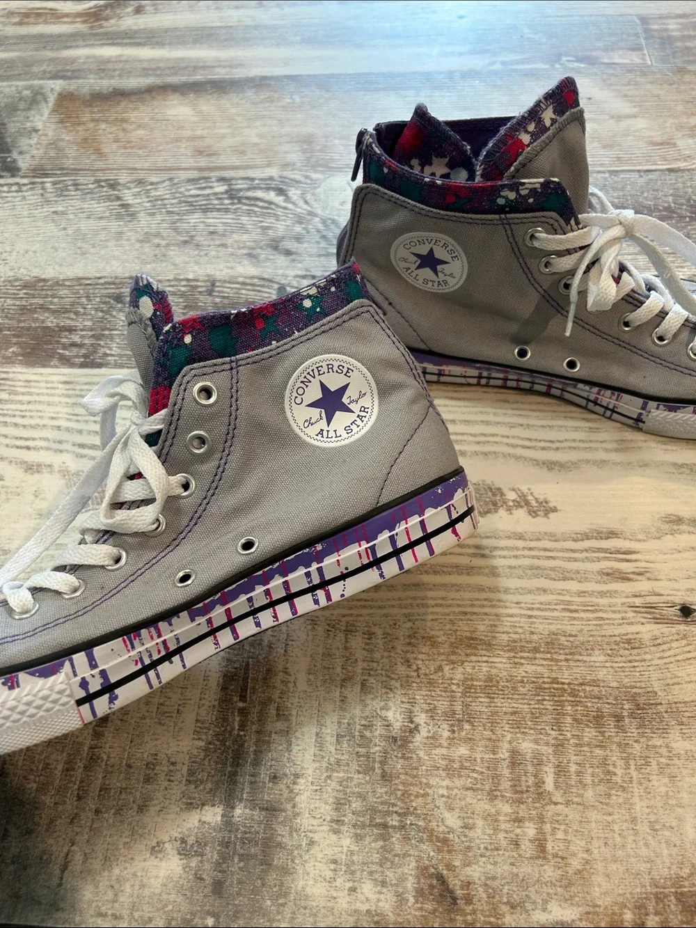 Converse Purple and Gray High-Top Canvas Sneakers with Patterned Trim